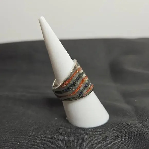 Saritasco 925 Sterling Silver Coral Turquoise Mosaic Inlay Vintage Mexico Ring 6 - Picture 4 of 9